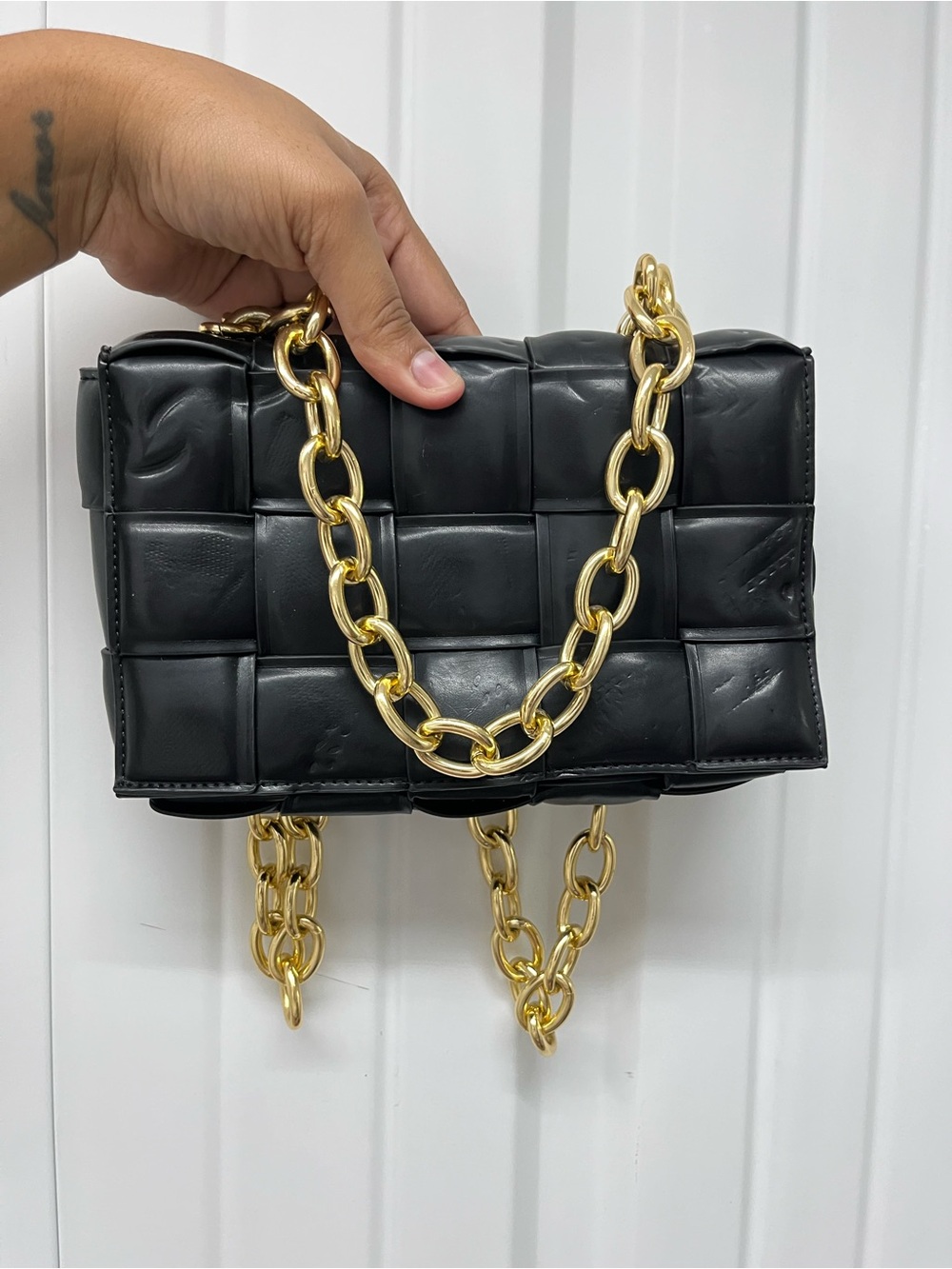 Black Quilted Leather Shoulder Bag with Gold Chain